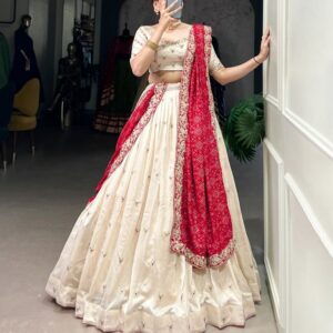 ivory elegance lehenga choli with regal red dupatta for timeless festive grace