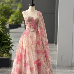 graceful pink floral printed lehenga choli with sequin dupatta – premium wedding wear 🌸✨