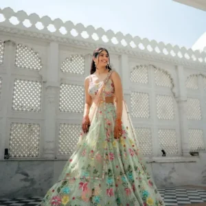 enchanting pista green floral embroidered lehenga choli with dupatta – luxury wedding collection 💚🌸✨