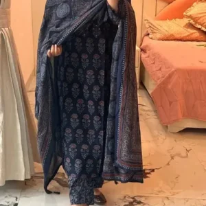 ethnic chic navy blue printed kurta palazzo set with dupatta – traditional ethnic elegance 💙✨