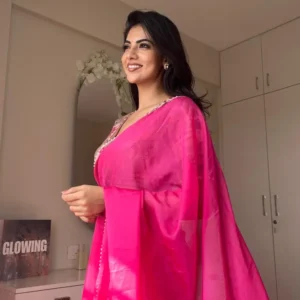 elegant pink organza saree with designer blouse – lightweight party wear 🌸✨