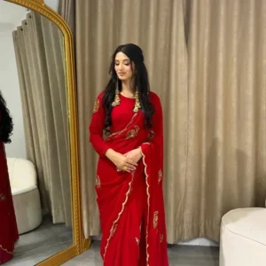 Home royal red embroidered saree with golden border – premium festive & wedding wear ❤️✨