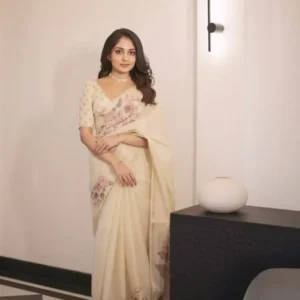 Home beige chanderi saree with pink floral digital print & handwork – elegant festive wear 🌸✨