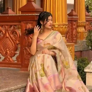 floral banarasi silk saree in pastel pink & cream – luxury wedding & festive wear 🌸✨