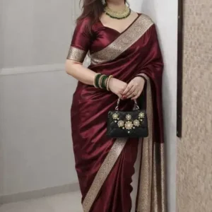 deep maroon pure satin silk saree with antique gold banarasi zari border — bridal & party wear silk saree for wedding, reception & festive occasions