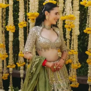 sage green mirror embroidered designer lehenga choli with ruffle dupatta – luxury wedding, reception & festive wear for women ✨💚